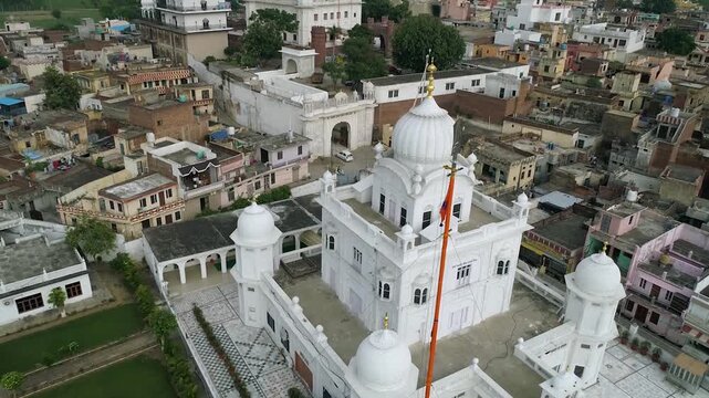 Aerial drone shot of Gurdwara 'Antaryatma Sahib' in Kapurthala Punjab India.