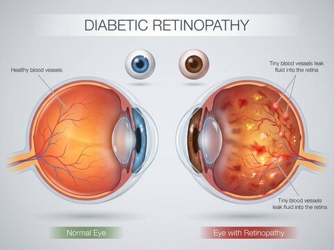 Medical diagram of diabetic retinopathy and eye anatomy