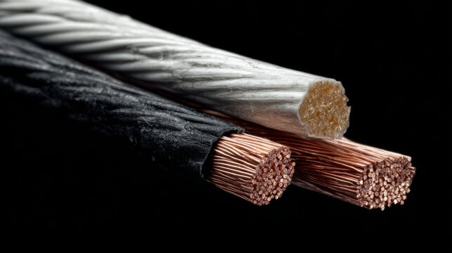 Three electrical cables with varying materials and textures, including black rubber-insulated and copper conductors, showcasing different construction styles