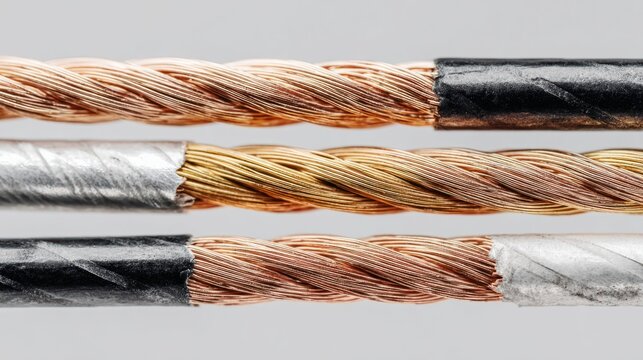 Three electrical cables with textured copper and aluminum conductors, insulated with black and silver coatings, showing detailed strand composition