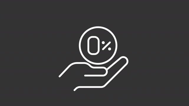Animated tax free white line icon. Hand with zero percent animation. Financial services. Interest rate. Product discount. Business fee. Isolated element on dark background. Alpha transparent video