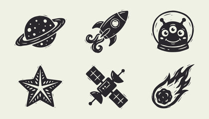 Retro Hand Drawn Space Icon Set featuring Rocket Planet Alien Satellite and Meteor Silhouette © Ghaghah24