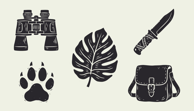 Hand Drawn Adventure Icons Set with Binoculars Survival Knife Paw Print and Satchel