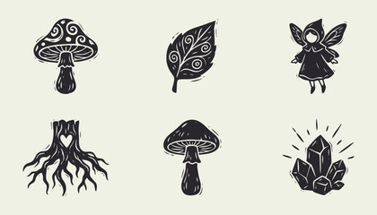 Fototapeta premium Woodcut style mystical icons of mushrooms fairy leaf crystals and tree roots with heart