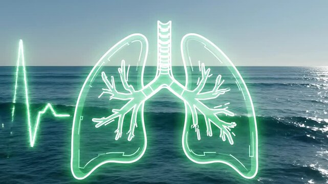 A green-outlined illustration of lungs superimposed over a serene ocean landscape