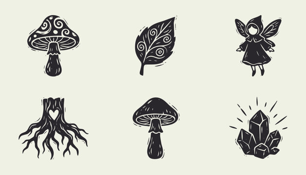 Woodcut style mystical icons of mushrooms fairy leaf crystals and tree roots with heart