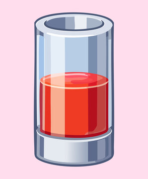 Small glass shot cup beaker filled halfway with dark red chemical compound fluid or vampire blood elixir craft drink asset
