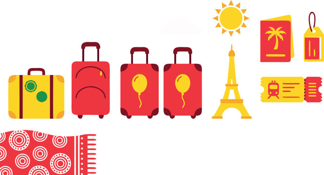 Set of flat vector travel icons featuring red and yellow luggage Eiffel Tower passport and train tickets for tourism