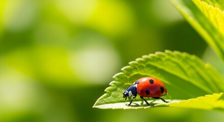 Fototapeta premium Red ladybug on a vibrant green leaf a macro perspective