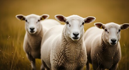 Fototapeta premium Three sheep standing in a field with a blurred golden background