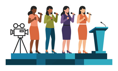 Fototapeta premium Diverse professional women speaking into microphones on a stage with tripod cameras and a podium in a flat minimalist design business conference concept