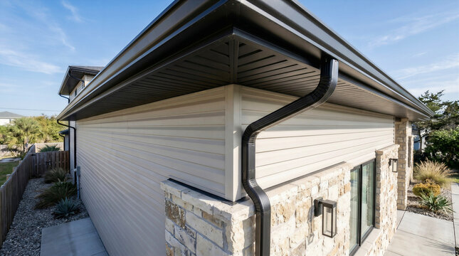 Modern House Exterior with Black Rain Gutter System, Aluminum Downspout, and Vinyl Siding on Bright Blue Sky Background