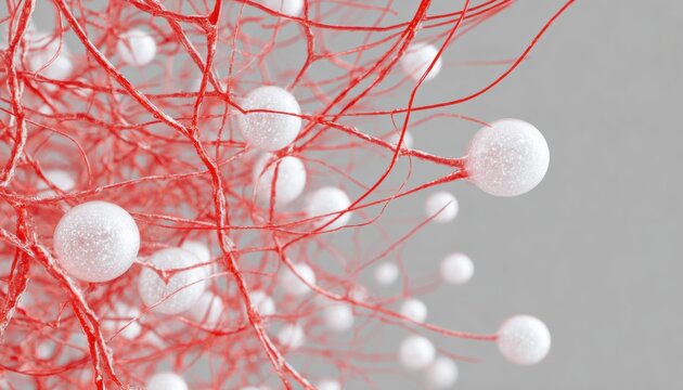 Intricate red dramatic detail vessel network with white spherical emboli in biological tissue