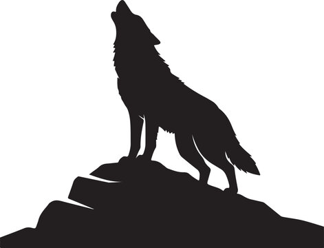 Silhouette of a howling canine creature standing atop rugged rocky terrain against a blank canvas conveying wild nature and primal instinct in a powerful display of communication through sound