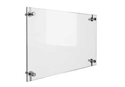 Modern clear glass panel with metallic corner clamps for wall mounting isolated on white background