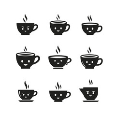 Fototapeta premium Cute Coffee Cups with Smiling Faces, Steaming Hot Drinks, Kawaii Style Icons
