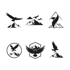 Obraz premium Eagle Mountain Logo Set - Majestic Birds of Prey in Flight Over Peaks