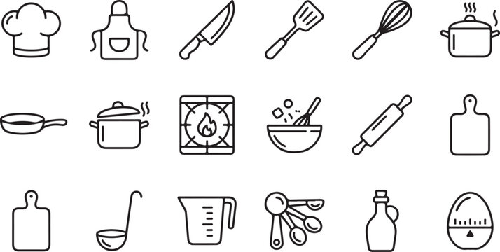 Kitchen utensil icons in a clean line art style for culinary design projects