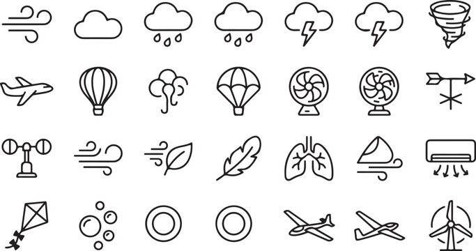 Weather symbols with wind and air elements in a clean line vector style