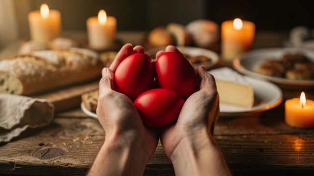 Hands holding red Easter eggs with bread cheese and candles on rustic wooden table