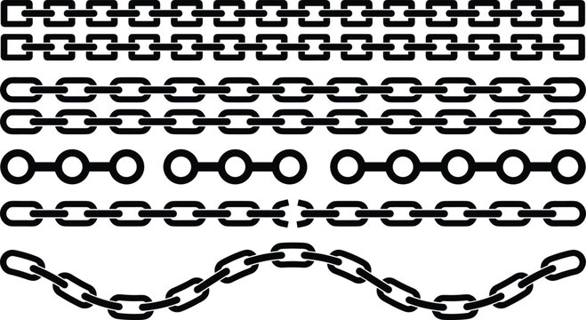 Set of black vector chain link silhouettes featuring straight, wavy, and broken chains isolated on a white background