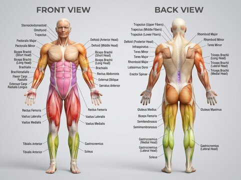 Human muscular system anatomy chart with front and back views