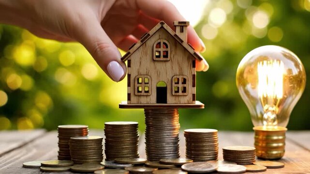 Hand holding a small wooden house over stacks of coins and a light bulb on a table