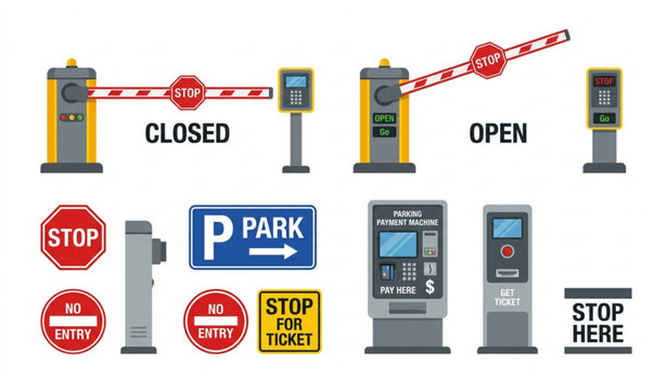 Parking barrier gate vector set open closed car barrier stop sign payment machine illustration