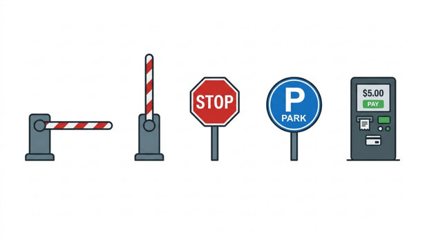 Parking barrier icon set open closed gate stop park sign payment terminal vector design