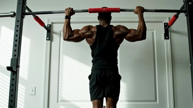 Man doing pullups on a red and black bar
