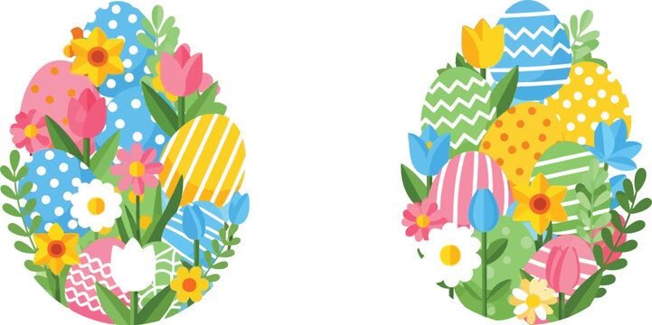 Beautiful easter eggs surrounded by flowers in vibrant colors and patterns