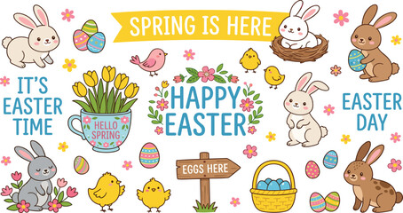 Set of Cute Easter and Spring-Themed Illustrations Featuring Bunnies, Chicks, Eggs, Flowers, and Festive Greetings for Seasonal Celebrations. © Creative Studio 