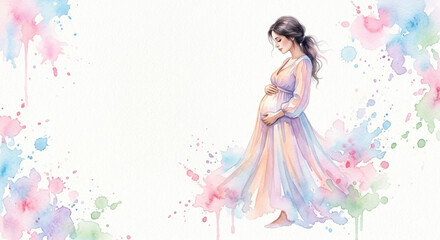 Fototapeta premium Watercolor Painting of Pregnant Woman in Profile Holding Belly