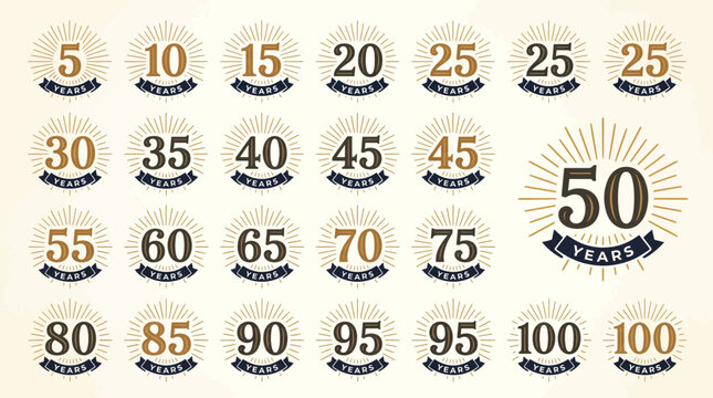 A celebratory graphic showcasing a 50-year milestone with numerous circular badges and numerical labels.