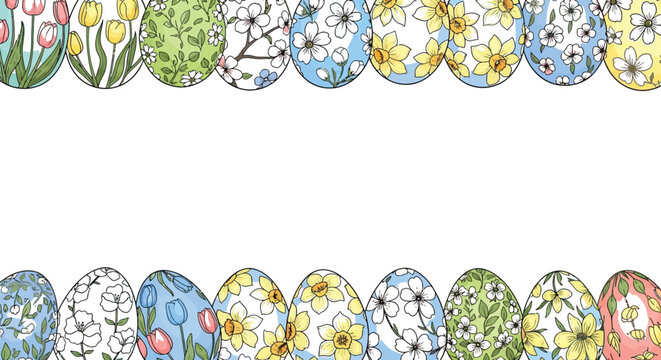 Beautiful Easter egg designs with floral patterns in pastel colors arranged neatly together