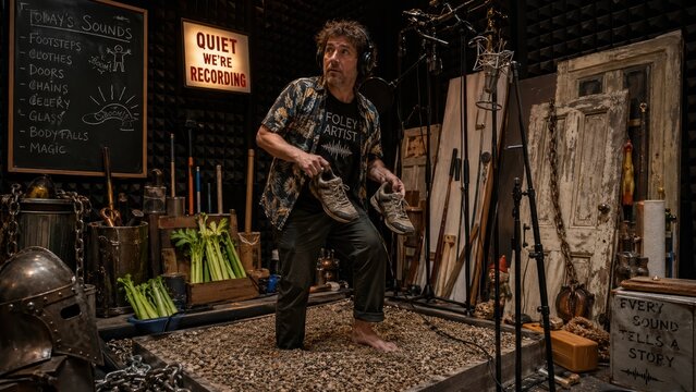 Creative male foley artist making walking sounds.