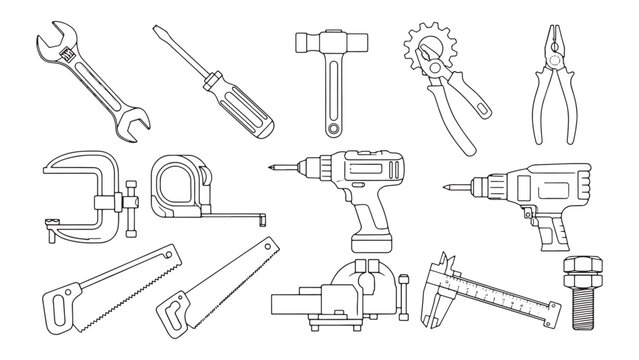 Construction tools, hand tools, vector icons, toolbox, equipment