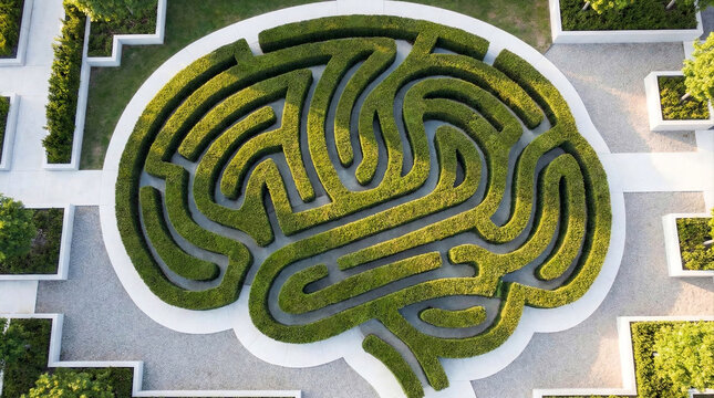 Aerial view of a green hedge maze shaped like a human brain representing mental complexity and psychology