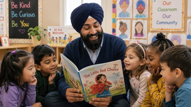 Smiling Sikh teacher reading book to kids.