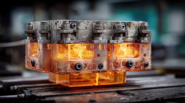 Industrial Machinery with Glowing Mold for Injection Process in Modern Manufacturing Environment