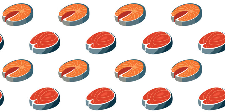 seamless cute salmon and tuna steak pattern on white background