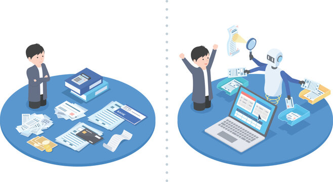 会計ソフトとAIの使用によって会計業務が自動的に行われているビフォー/アフターのイラスト