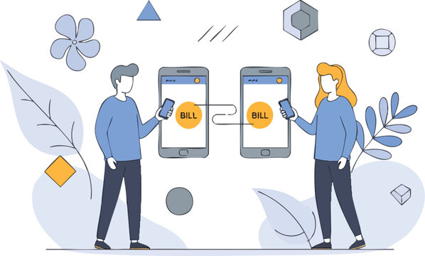 Couple splitting bill payment using mobile app vector illustration