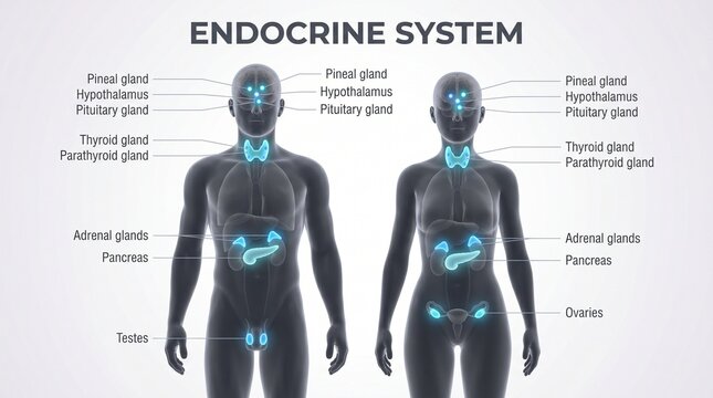Medical diagram of the human endocrine system with glands