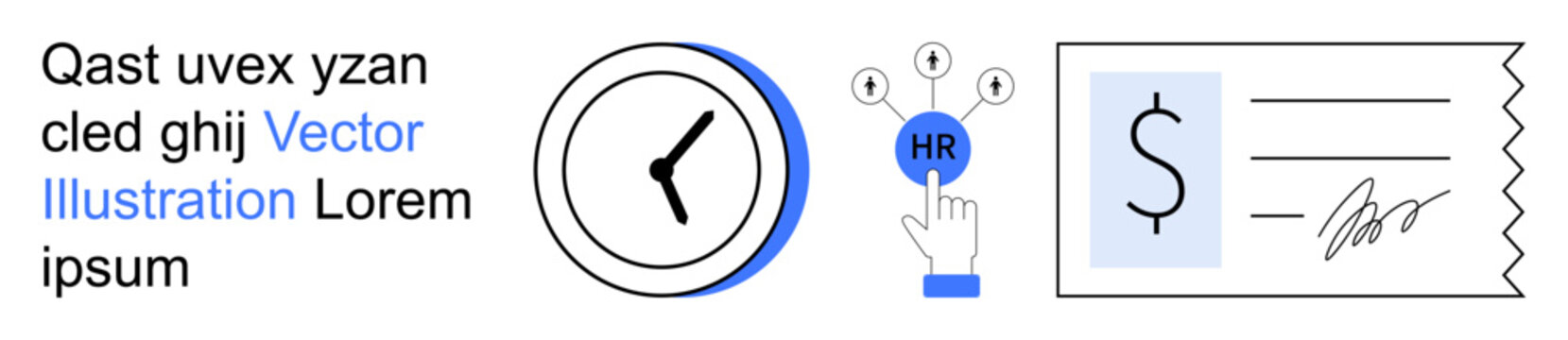 Time management, human resources, payroll, workforce optimization, financial planning, employee management. Clock symbol, HR button payment form. Time management and human resources theme