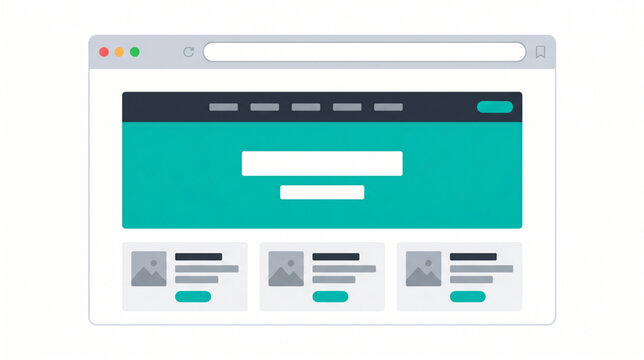 Website homepage UI inside modern browser window with navigation and cards vector illustration
