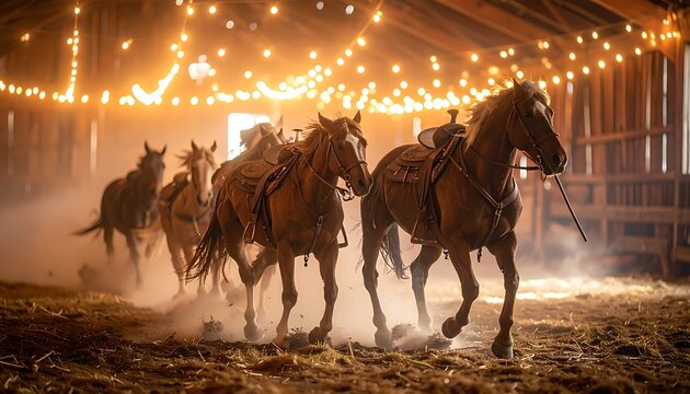 Horses galloping in a rustic barn.