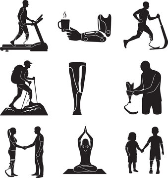 Prosthetic limb icons and disabled people silhouettes, bionic arm and leg vector set, inclusive sports and lifestyle illustrations for accessibility