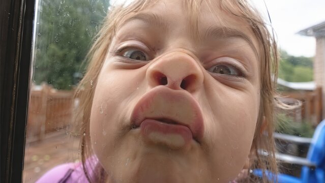 Funny little girl pressing face against glass.