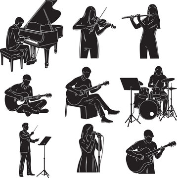Black and white musician silhouettes collection, 9 musical instrument player vector icons, orchestral and band performers set for concert posters